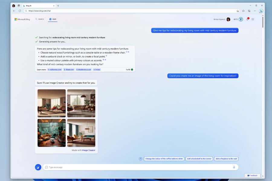 Bing chat response including images
