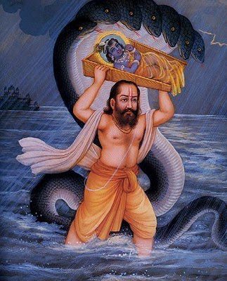 Krishna's father Bashudev crossing the river under the protection of Sesh Nag