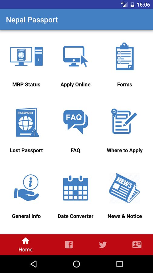 Nepali Passport Mobile App Home Screen Showing Many features including Apply Online Option.